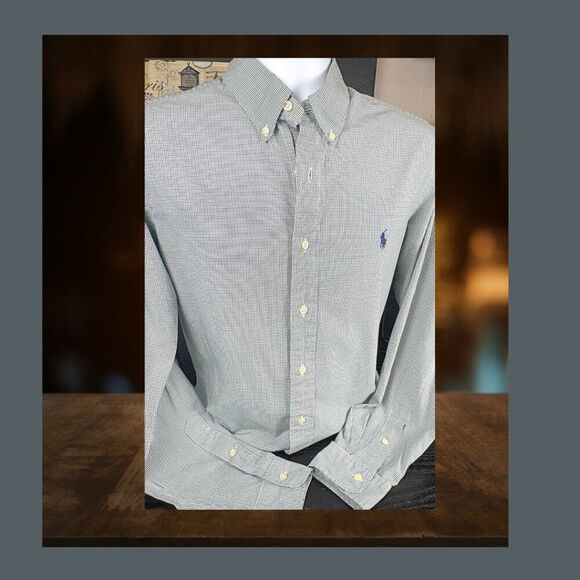 Ralph Lauren Custom Fit L/S Button-Down Oxford Shirt Green Tattersal 16 34/35 - Picture 7 of 9